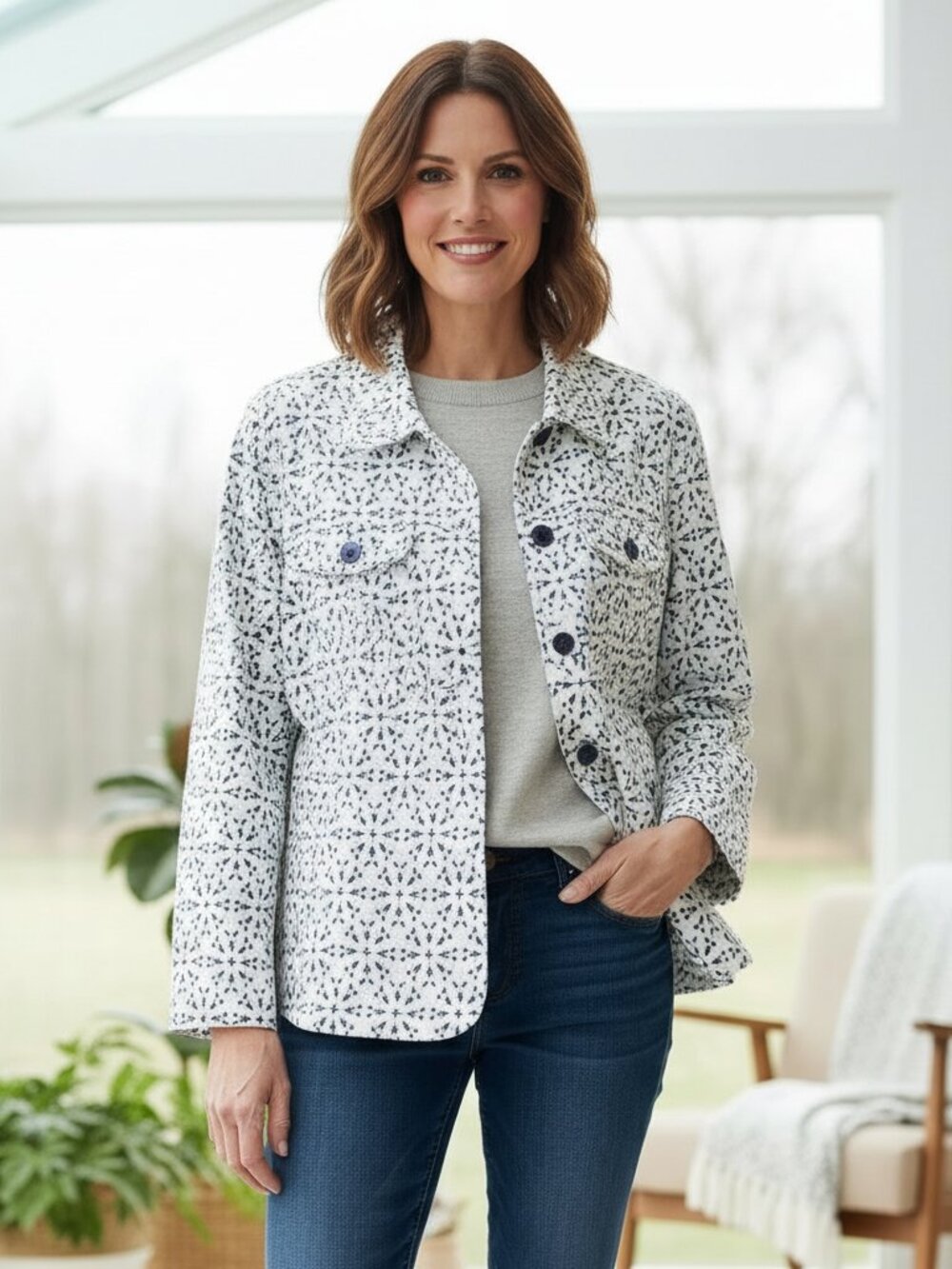 Baxter & Wells M Women's Blazer‎ Jacket White Blue Pockets Cotton Button Front